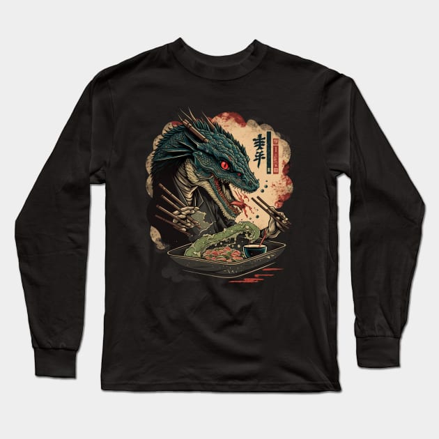 Hungry Sushi Dragon Long Sleeve T-Shirt by Bondoboxy